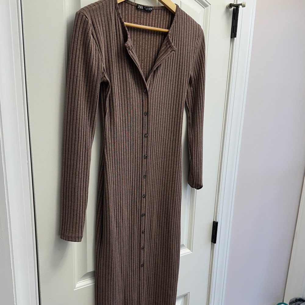 Zara Chocolate Long Sleeve Ribbed Dress